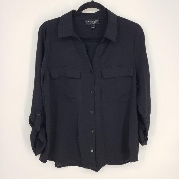 3/$25 Laundry by Shelli Segal Button Down Camp Shirt Top L Womens Collared Black - Picture 1 of 8
